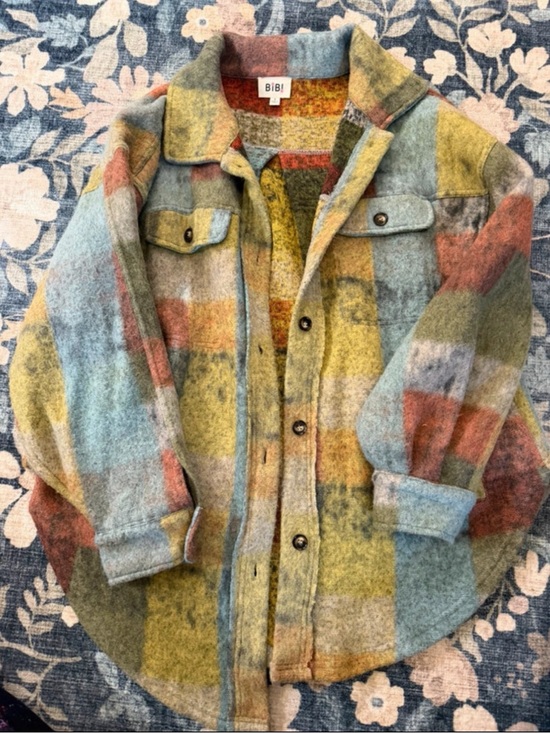 BiBi Tops - BiBi Multicolor Plaid Button-Down Shirt Jacket in Pastel Hues